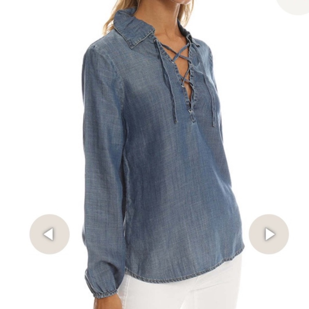 FRAME Chambray Denim Lace-Up Lightweight Long Sleeve Blouse